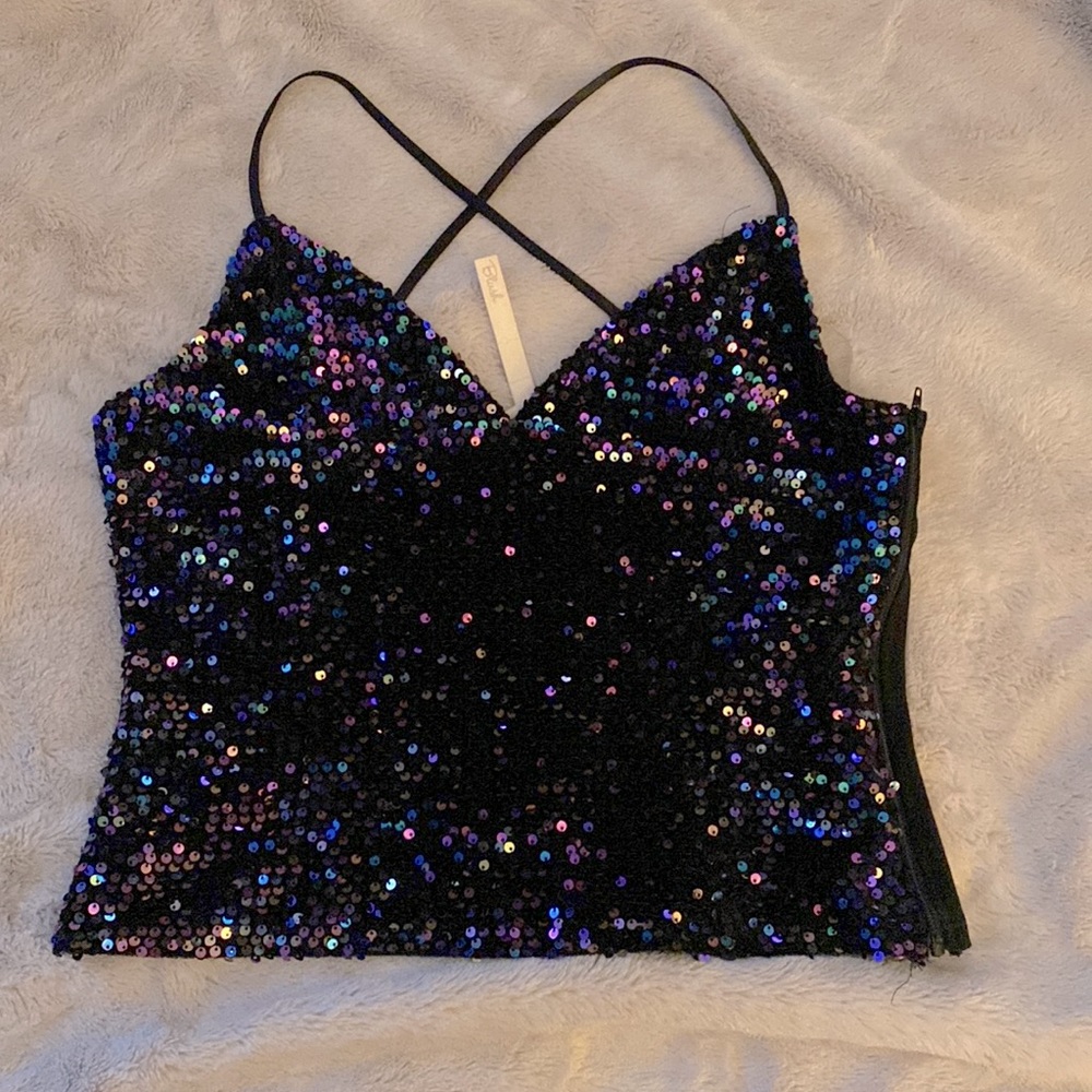 Black  Velvet Sequins cami crop top XL/1X  zip side closure  cross back straps